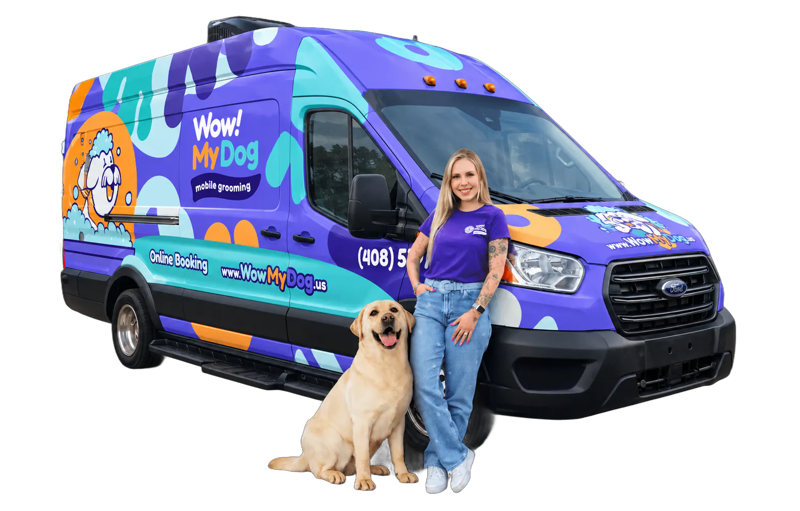 Wow My Dog groomer with a golden retriever beside the purple mobile grooming van